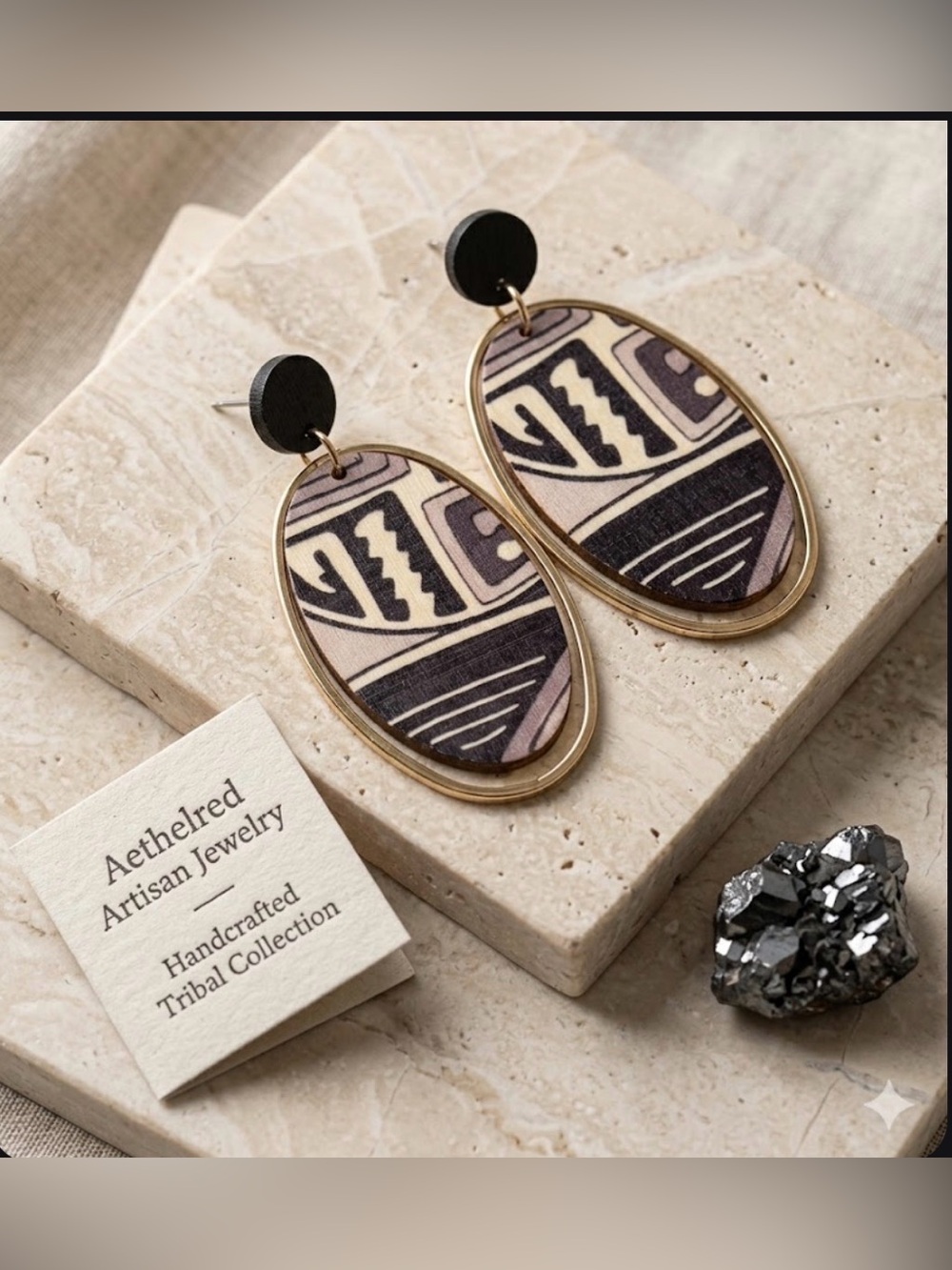 Tribal Oval Drop Earrings in Black & Cream